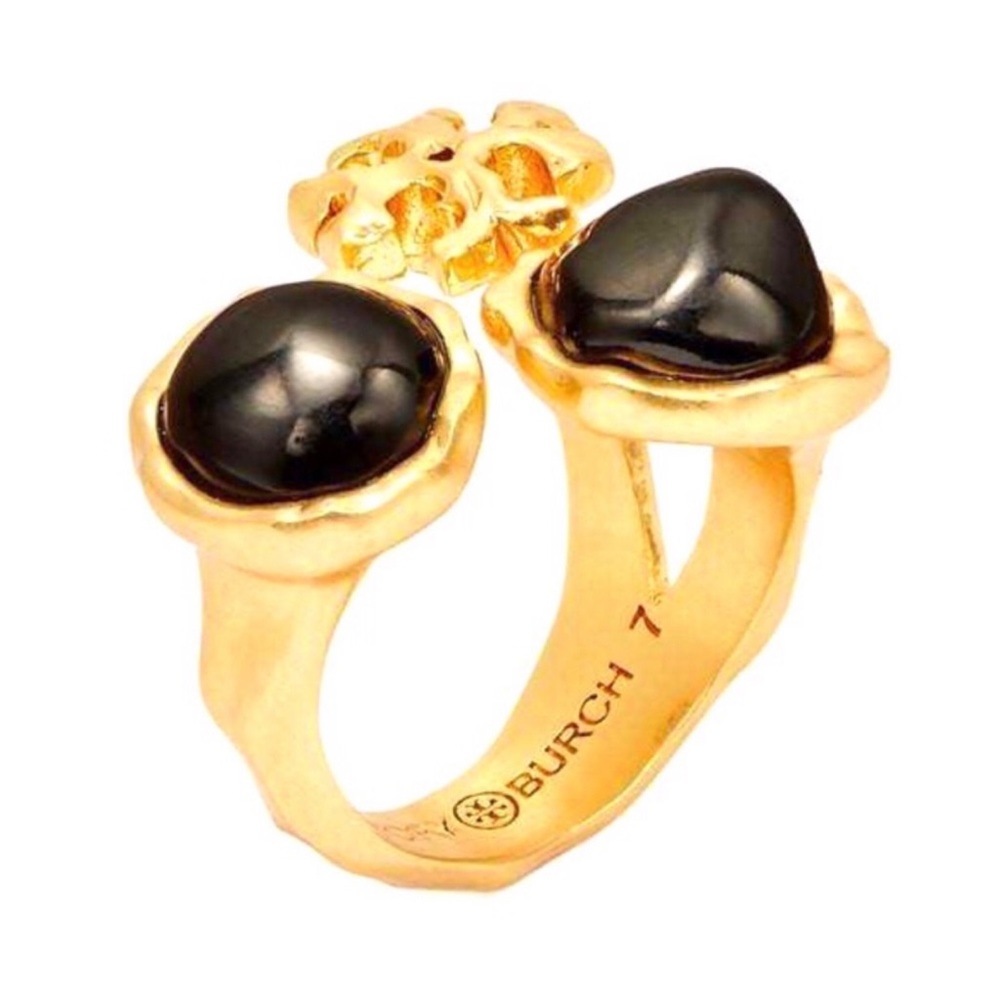 TORY BURCH • Black Roxanne Stone Logo Ring